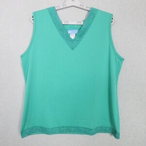 Koret Womens Tank Top Green V Neck Sleeveless Lace Trim Size Large